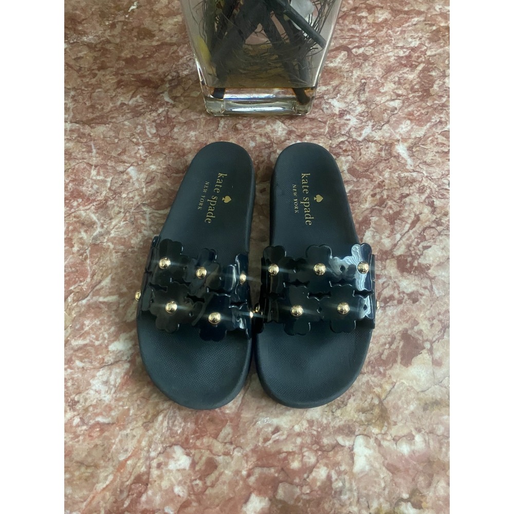 Kate Spade Daisy‎ Pool Slides Black Sandals Size 7B EUC! $129